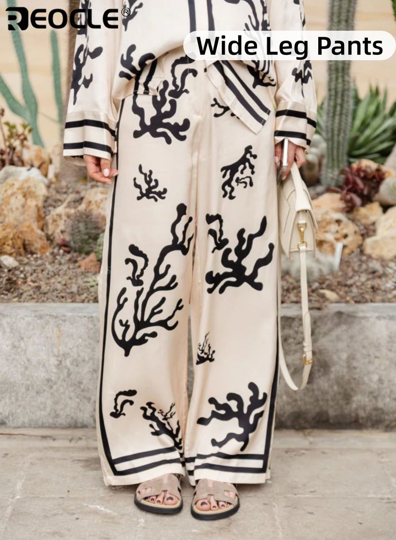 REOCLE 2PCS Women's Printed Long Sleeve Shirt& Wide Leg Pants Two-Piece Set Stylish Coral Patterned Outfit for Casual& Office - Image 3
