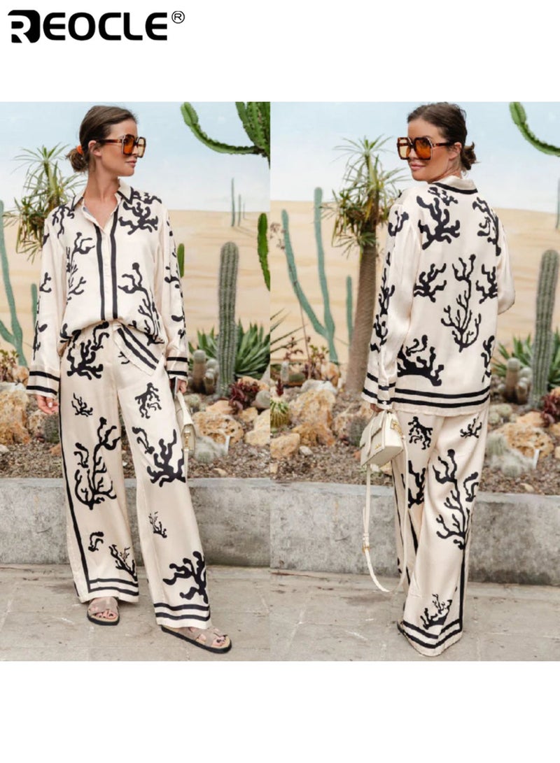 REOCLE 2PCS Women's Printed Long Sleeve Shirt& Wide Leg Pants Two-Piece Set Stylish Coral Patterned Outfit for Casual& Office - Image 4