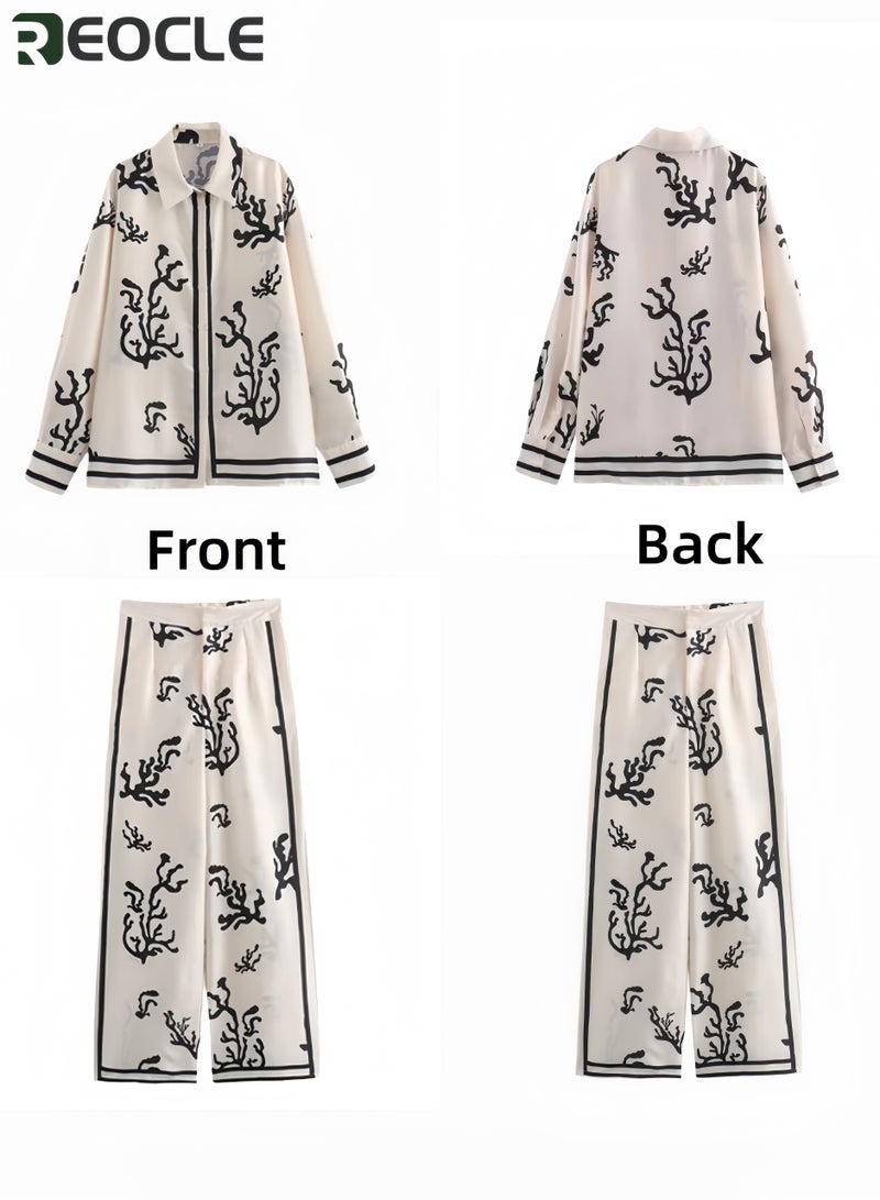 REOCLE 2PCS Women's Printed Long Sleeve Shirt& Wide Leg Pants Two-Piece Set Stylish Coral Patterned Outfit for Casual& Office - Image 5