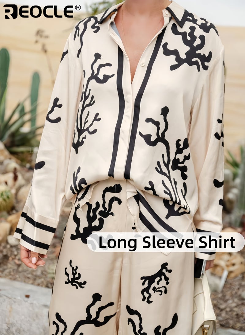REOCLE 2PCS Women's Printed Long Sleeve Shirt& Wide Leg Pants Two-Piece Set Stylish Coral Patterned Outfit for Casual& Office - Image 2