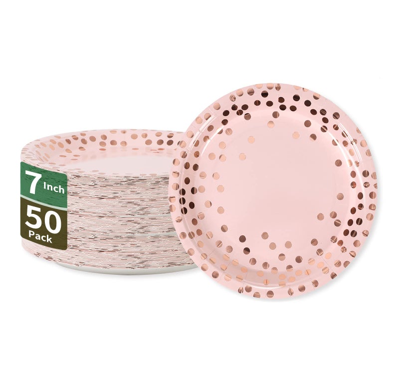 CENLBJ Pink & Rose Gold Dots Party Paper Plates, 50 PCS Disposable Party Supplies Dessert Paper Plates for Birthday Wedding Bridal Shower Supplies (7 inches) - Image 1