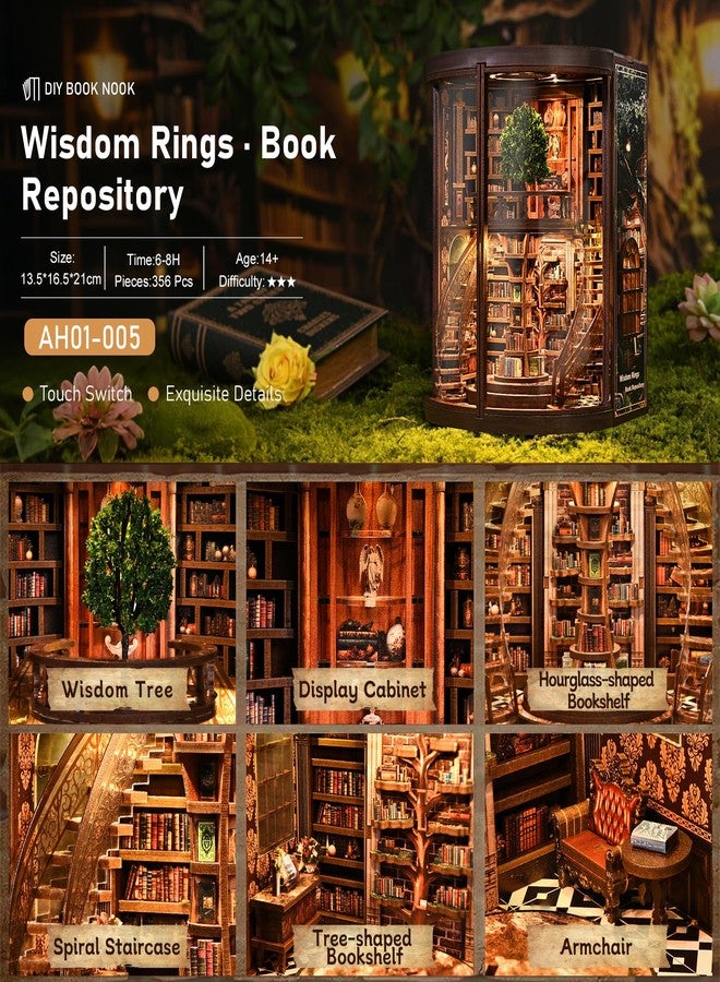 ACOCO Book Nook for Adults, Library Booknook Kit DIY Miniature Dollhouse Book Nooks with LED Light, 3D Wooden Puzzle Library Bookshelf Home Decor, Adult Craft Gift Kits (Wisdom Rings Book Repository) - Image 4