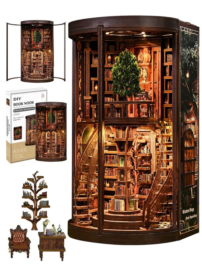 ACOCO Book Nook for Adults, Library Booknook Kit DIY Miniature Dollhouse Book Nooks with LED Light, 3D Wooden Puzzle Library Bookshelf Home Decor, Adult Craft Gift Kits (Wisdom Rings Book Repository) - Image 1