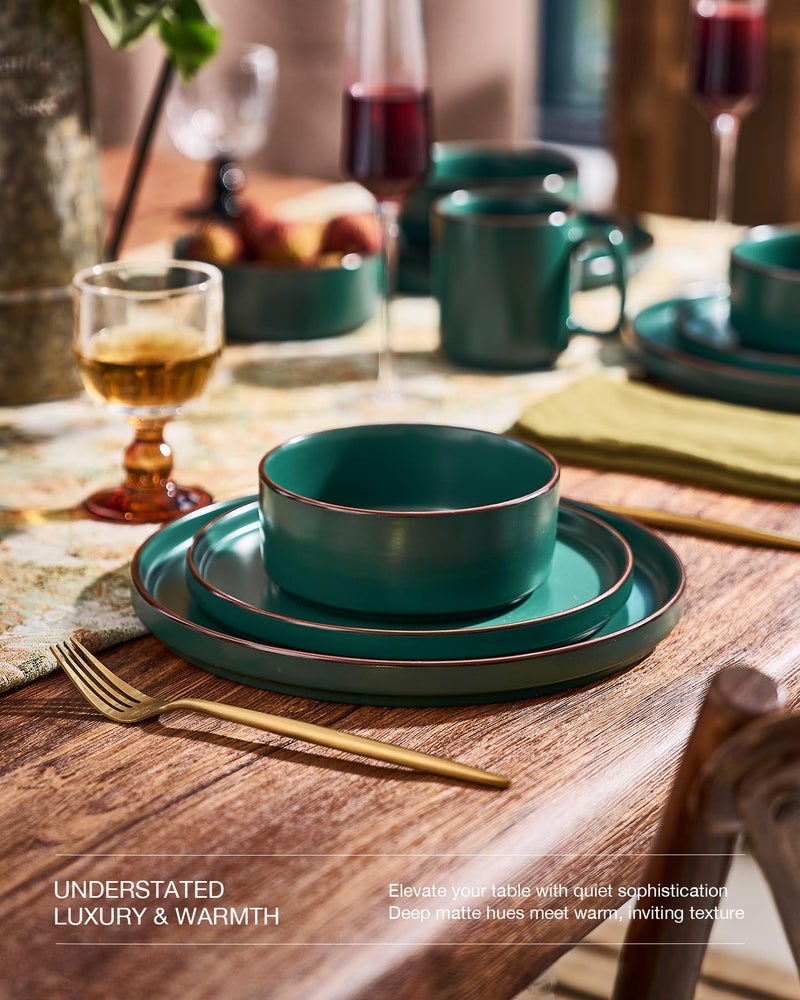 Famiware Nebula Ridge Stoneware Dinnerware Sets, Plates and Bowls Sets for 4, 12 Pieces Dishes Set, Microwave and Dishwasher Safe Kitchen Plates, Dark Green - Image 3