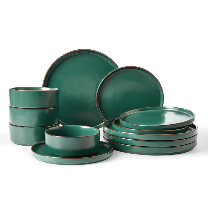 Famiware Nebula Ridge Stoneware Dinnerware Sets, Plates and Bowls Sets for 4, 12 Pieces Dishes Set, Microwave and Dishwasher Safe Kitchen Plates, Dark Green - Image 1