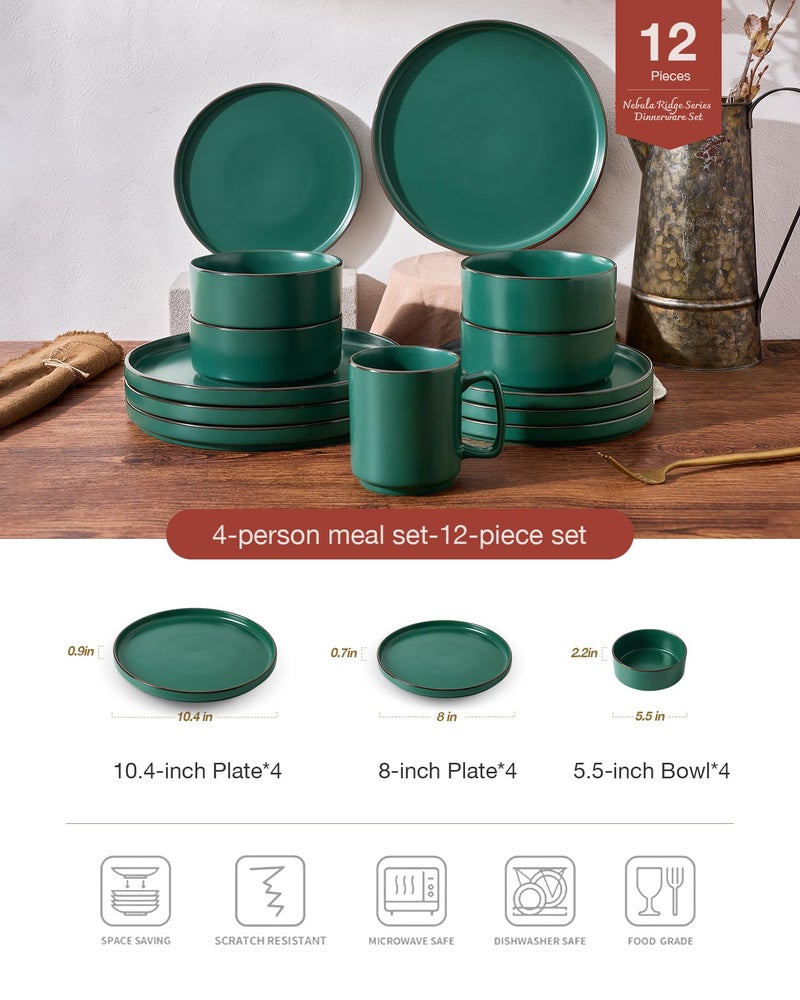 Famiware Nebula Ridge Stoneware Dinnerware Sets, Plates and Bowls Sets for 4, 12 Pieces Dishes Set, Microwave and Dishwasher Safe Kitchen Plates, Dark Green - Image 2