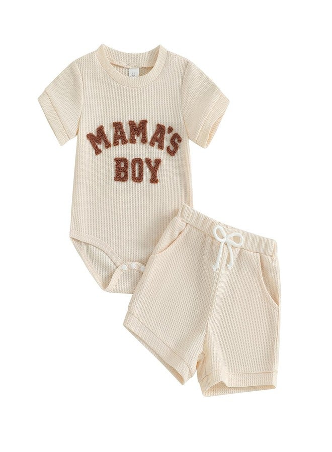 Douhoow Baby Boy Summer Outfits Short Sleeve Mamas Boy Little Dude Embroidery Boy Romper Shorts Set Infant Waffle Clothes (Khaki, 0-3 Months) - Image 1