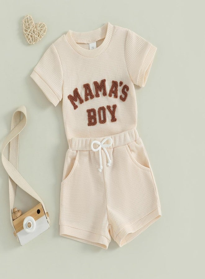 Douhoow Baby Boy Summer Outfits Short Sleeve Mamas Boy Little Dude Embroidery Boy Romper Shorts Set Infant Waffle Clothes (Khaki, 0-3 Months) - Image 2
