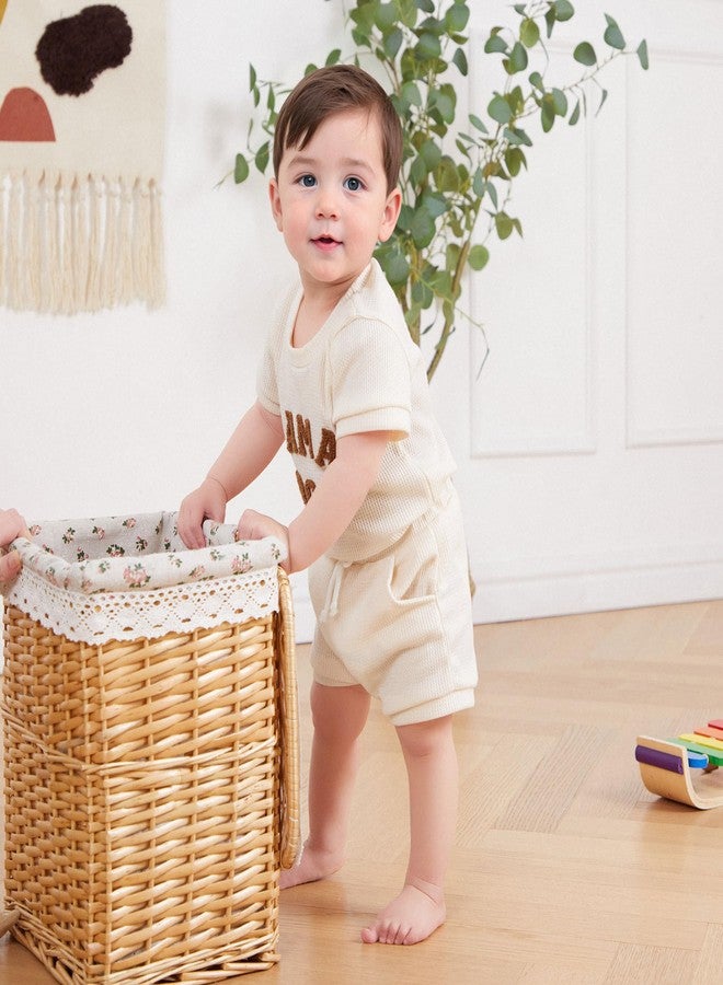 Douhoow Baby Boy Summer Outfits Short Sleeve Mamas Boy Little Dude Embroidery Boy Romper Shorts Set Infant Waffle Clothes (Khaki, 0-3 Months) - Image 4