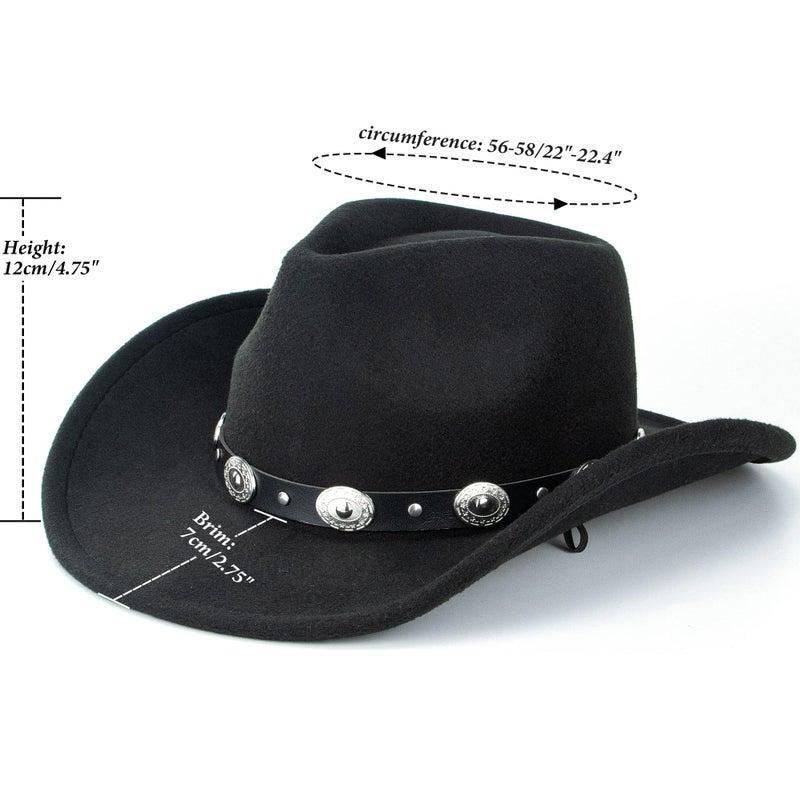 CXQRR Black Cowboy Cowgirl Hat for Women Men Western Style Wide Brim Felt Fedora Panama Hat with Detachable Belt Buckle - Image 3