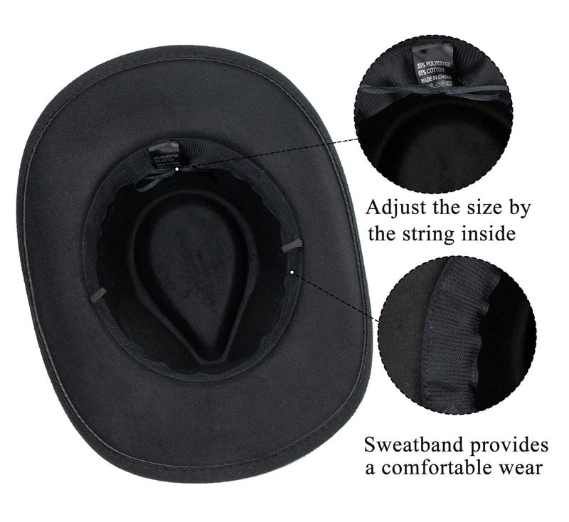 CXQRR Black Cowboy Cowgirl Hat for Women Men Western Style Wide Brim Felt Fedora Panama Hat with Detachable Belt Buckle - Image 5