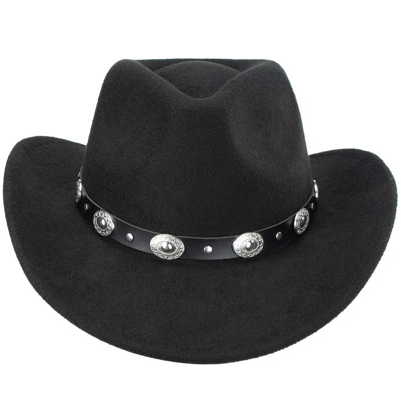 CXQRR Black Cowboy Cowgirl Hat for Women Men Western Style Wide Brim Felt Fedora Panama Hat with Detachable Belt Buckle - Image 2