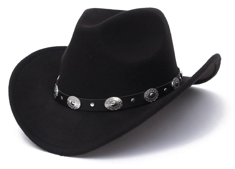 CXQRR Black Cowboy Cowgirl Hat for Women Men Western Style Wide Brim Felt Fedora Panama Hat with Detachable Belt Buckle - Image 1
