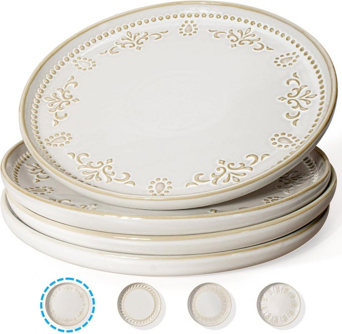 LARGE CERAMIC DINNER PLATES SET OF 4 1075 INCH EMBOSSED KITCHEN SALAD PLATES MODERN SERVING PLATES FOR RESTAURANT PLATES WITH LIPPED EDGES MICROWAVE DISHWASHER SAFE DAMASK FLORAL
