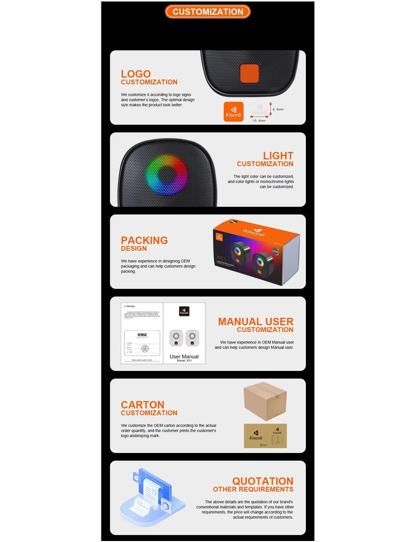 Kisonli - KISONLI X11 USB + AUX 3.5MM Speaker RGB Speaker for Computer, LAPTOP 3 WATT PER SPEAKER  WITH MODERN ERGONOMIC DESIGN PERFECT FOR YOUR COMPUTER  SETUP - Image 1