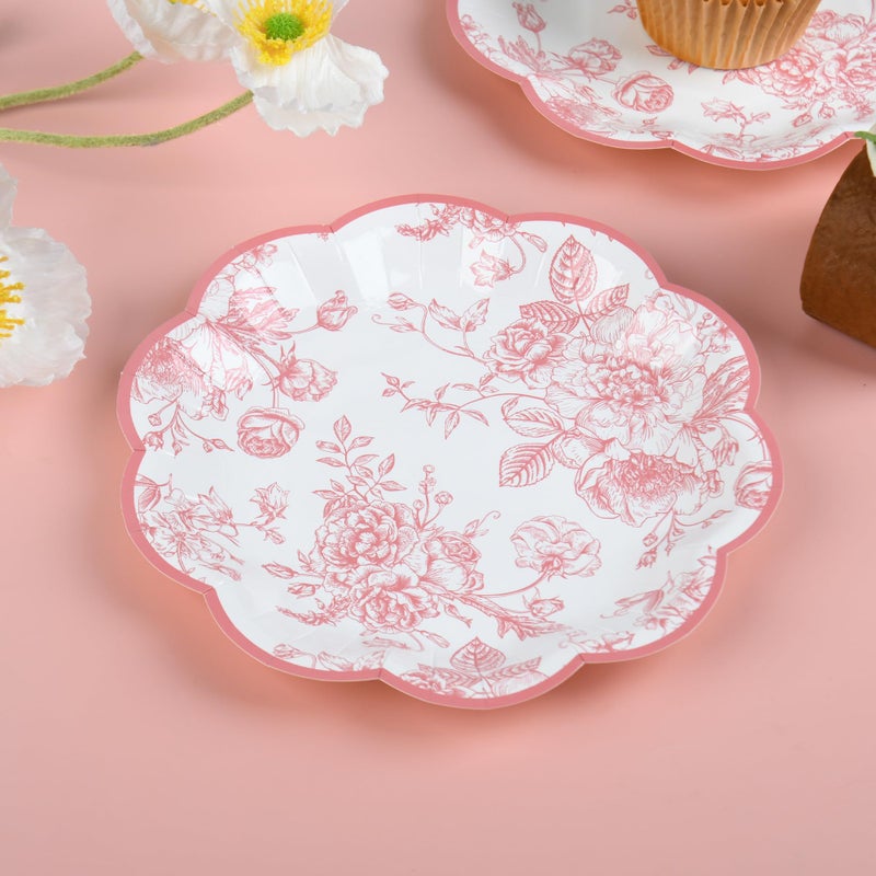 Elyxio 24 Pcs Pink Floral Party Plates Vintage Floral Leaf Disposable Paper Plates Wildflower Pink Toile 7" Small Scalloped Rim Dessert Plates for Valentines Birthday Bridal Tea Party Supplies - Image 4