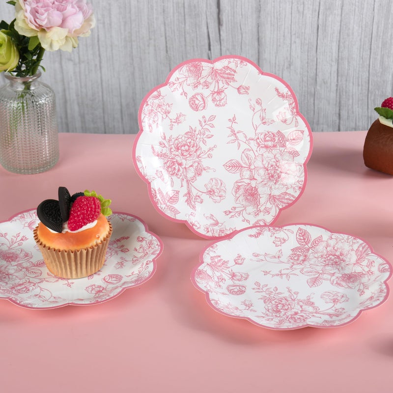 Elyxio 24 Pcs Pink Floral Party Plates Vintage Floral Leaf Disposable Paper Plates Wildflower Pink Toile 7" Small Scalloped Rim Dessert Plates for Valentines Birthday Bridal Tea Party Supplies - Image 5