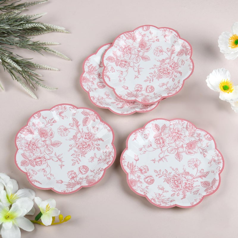 Elyxio 24 Pcs Pink Floral Party Plates Vintage Floral Leaf Disposable Paper Plates Wildflower Pink Toile 7" Small Scalloped Rim Dessert Plates for Valentines Birthday Bridal Tea Party Supplies - Image 3