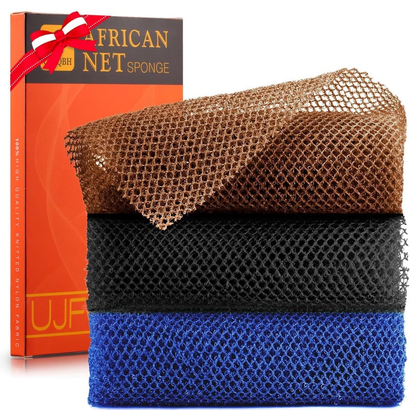 3 Pieces African Bath Sponge African Net Long Net Bath Sponge Exfoliating Shower Body Scrubber Back Scrubber Skin SmootherGreat for Daily Use BlackBlueBrown