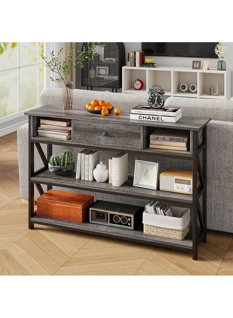 إيه جي دي طاولة وحدة تحكم خشبية مستطيلة عتيقة، مع رفوف وأدراج، ثلاث طبقات تخزين مفتوحة لغرفة النوم والمدخل وطاولة جانبية للأريكة والسرير لون رمادي - Image 3