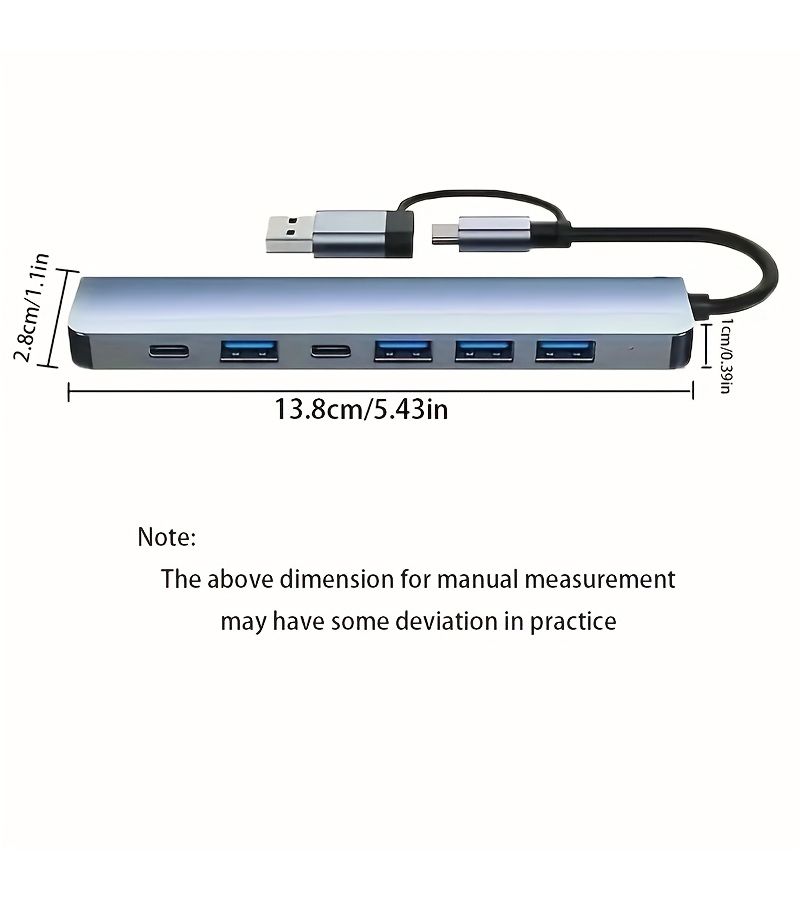 7 In 2 USB C Hub Aluminum Alloy 8 Port USB 3 0 Splitter Multi Port Extension Cable for PC MacBook PS4 PS5 Xbox Keyboard Laptop Printer Mouse - Image 2