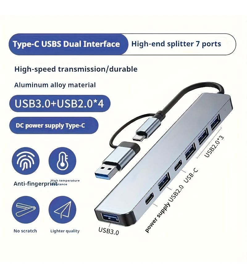 7 In 2 USB C Hub Aluminum Alloy 8 Port USB 3 0 Splitter Multi Port Extension Cable for PC MacBook PS4 PS5 Xbox Keyboard Laptop Printer Mouse - Image 5