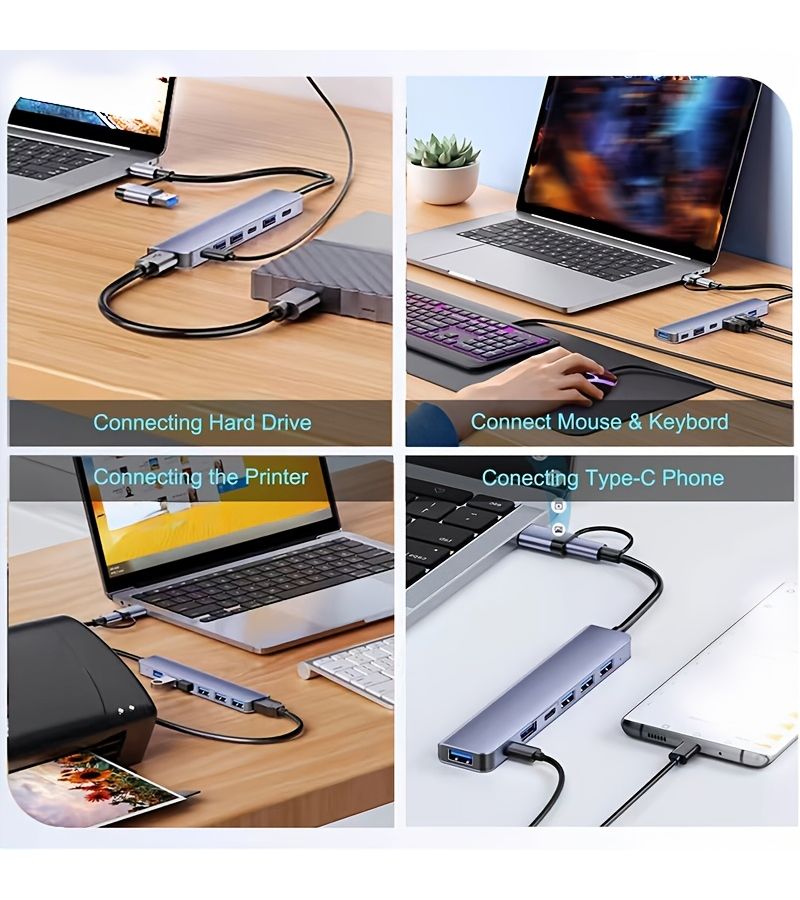 7 In 2 USB C Hub Aluminum Alloy 8 Port USB 3 0 Splitter Multi Port Extension Cable for PC MacBook PS4 PS5 Xbox Keyboard Laptop Printer Mouse - Image 1