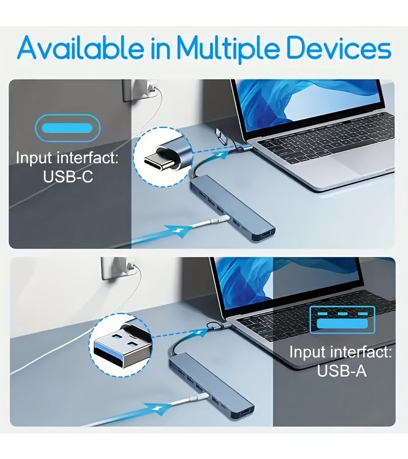 7 In 2 USB C Hub Aluminum Alloy 8 Port USB 3 0 Splitter Multi Port Extension Cable for PC MacBook PS4 PS5 Xbox Keyboard Laptop Printer Mouse - Image 3