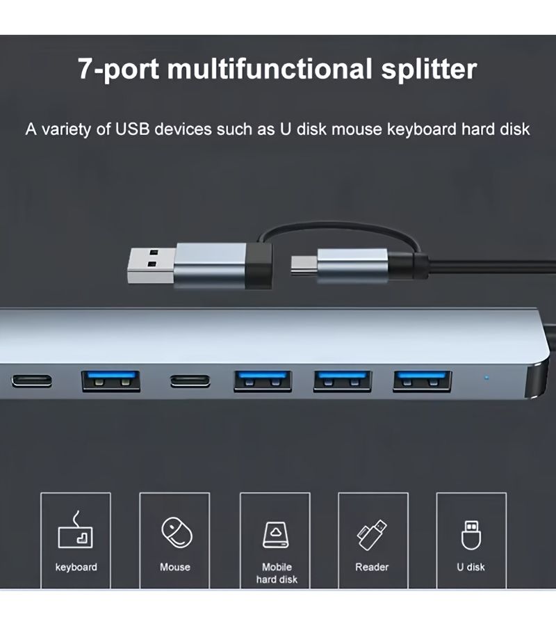7 In 2 USB C Hub Aluminum Alloy 8 Port USB 3 0 Splitter Multi Port Extension Cable for PC MacBook PS4 PS5 Xbox Keyboard Laptop Printer Mouse - Image 4