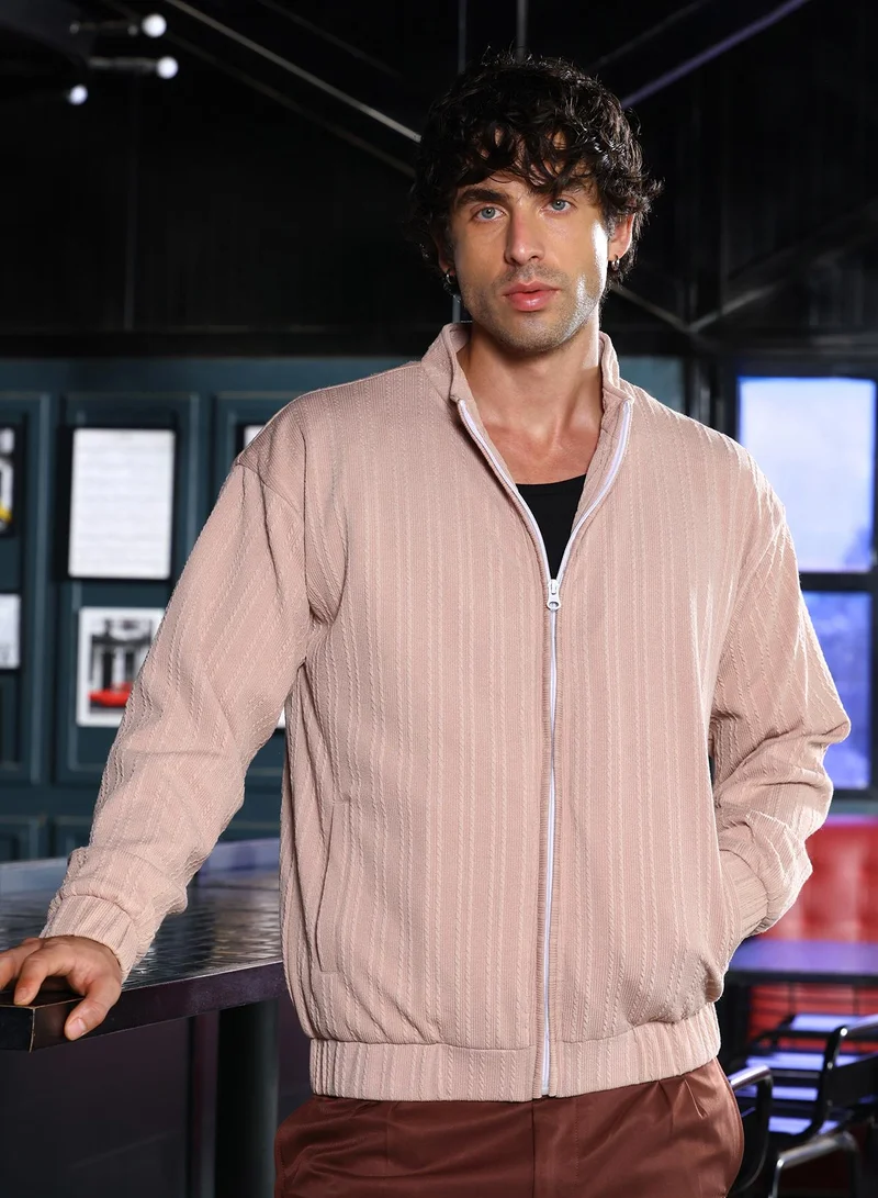 Campus Sutra Men Rope-Tactile Bomber Jacket | Band Collar, Long Stretch-Cuff Sleeves | Zipper , Stretch-Straight Hem | Striped Textured | Woven Fabric For Casual & Daily Wear | Sand Beige