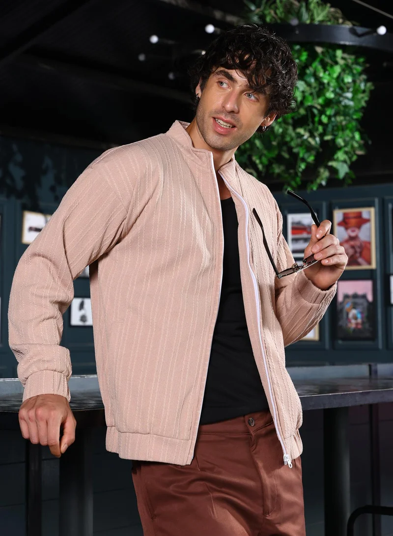 Campus Sutra Men Rope-Tactile Bomber Jacket | Band Collar, Long Stretch-Cuff Sleeves | Zipper , Stretch-Straight Hem | Striped Textured | Woven Fabric For Casual & Daily Wear | Sand Beige