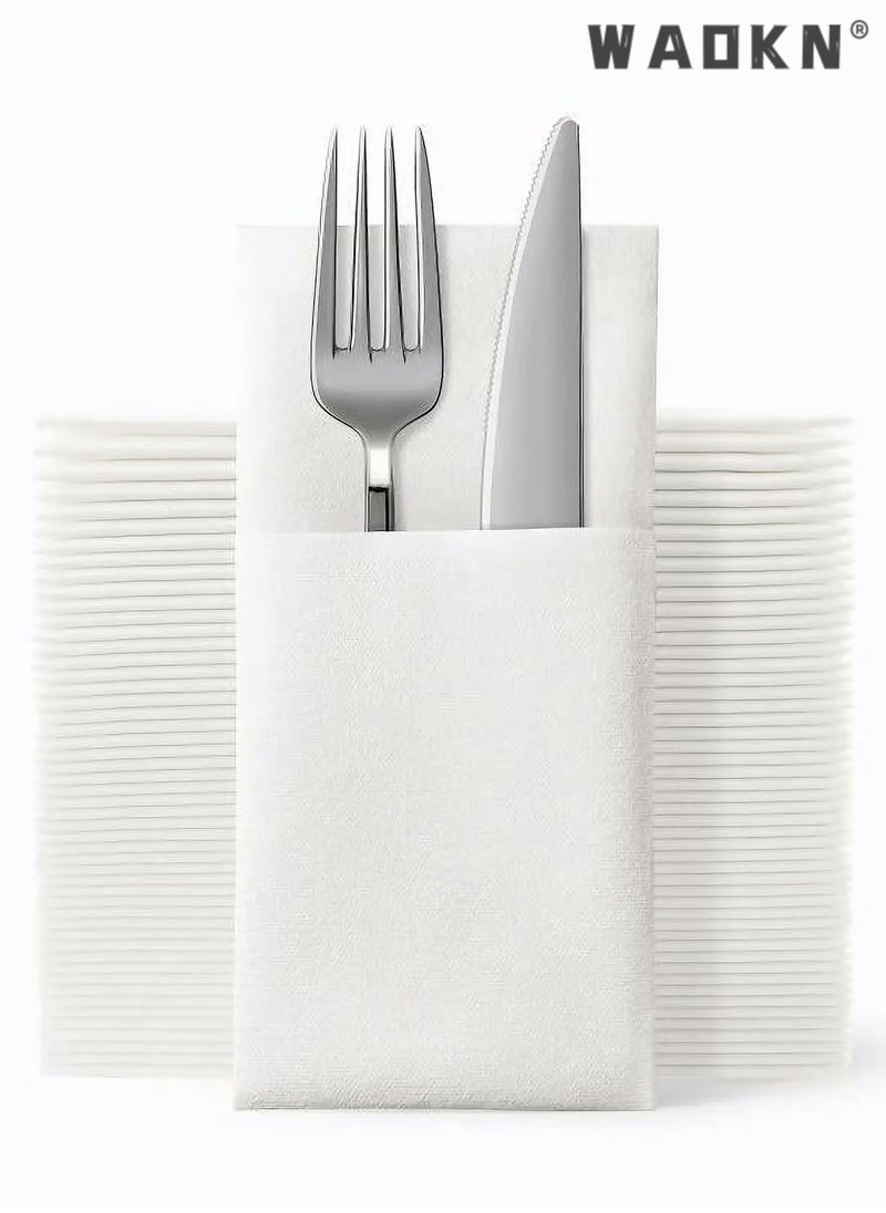 WAOKN Disposable Cloth Like Napkins, Built-in Flatware Pocket, Wedding Party Linen Feel White Napkin, Prefolded for Silverware,50 Pack Linen Feel Napkins  - Image 1