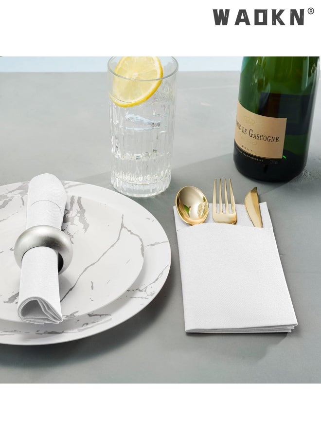 WAOKN Disposable Cloth Like Napkins, Built-in Flatware Pocket, Wedding Party Linen Feel White Napkin, Prefolded for Silverware,50 Pack Linen Feel Napkins  - Image 3