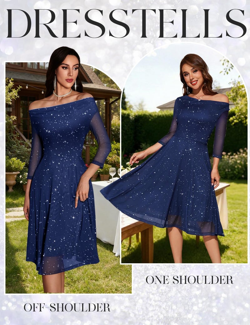 DRESSTELLS Cocktail Formal Wedding Guest Dresses for Women 2026 Spring Summer Easter Party Sequin Glitter Cowl Neck Graduation Prom Dress Navy L - Image 3