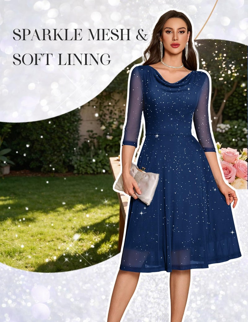 DRESSTELLS Cocktail Formal Wedding Guest Dresses for Women 2026 Spring Summer Easter Party Sequin Glitter Cowl Neck Graduation Prom Dress Navy L - Image 5