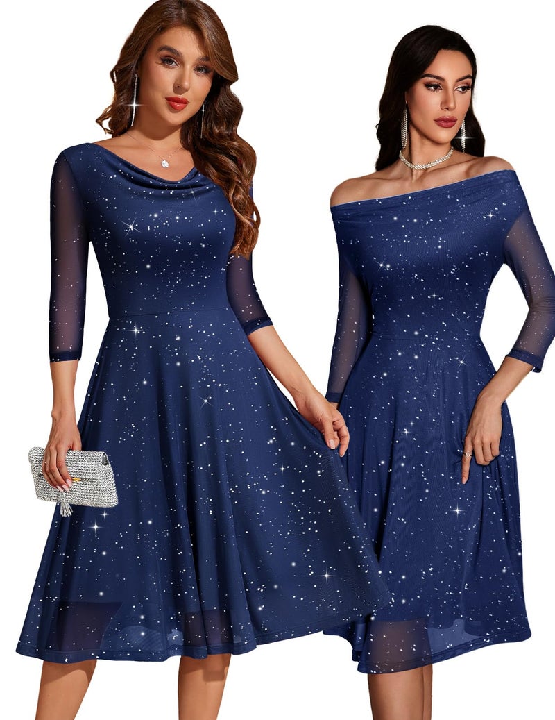 DRESSTELLS Cocktail Formal Wedding Guest Dresses for Women 2026 Spring Summer Easter Party Sequin Glitter Cowl Neck Graduation Prom Dress Navy L - Image 1