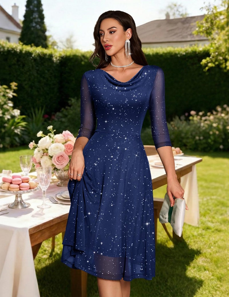 DRESSTELLS Cocktail Formal Wedding Guest Dresses for Women 2026 Spring Summer Easter Party Sequin Glitter Cowl Neck Graduation Prom Dress Navy L - Image 2
