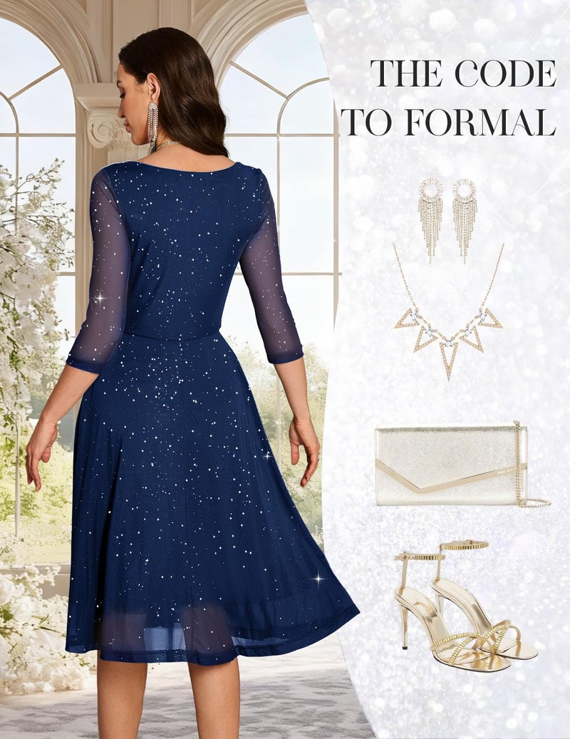 DRESSTELLS Cocktail Formal Wedding Guest Dresses for Women 2026 Spring Summer Easter Party Sequin Glitter Cowl Neck Graduation Prom Dress Navy L - Image 4