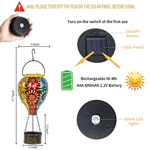 Venniy Solar Hot Air Balloon Lantern, Hanging Lanterns Outdoor Waterproof Decorative Metal LED Lantern Solar Lights for Trees Patio Garden Yard Porch Decor, Multi-Color - Image 2