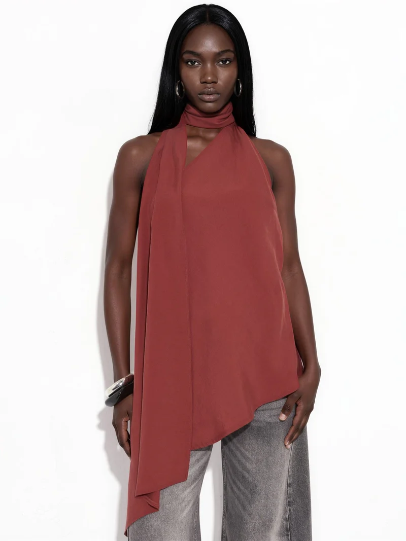 Hiccup Brick Red Halter Neck Scarf Detail Top for Women | Best Price UAE