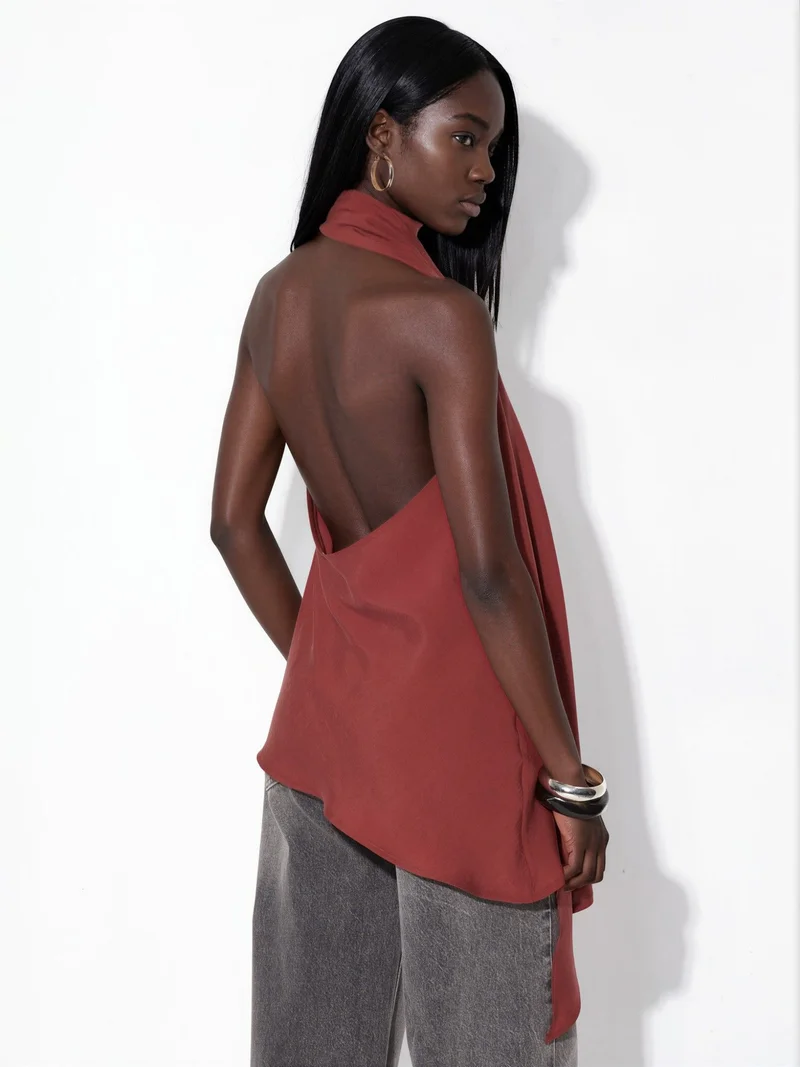 Hiccup Brick Red Halter Neck Scarf Detail Top for Women | Best Price UAE