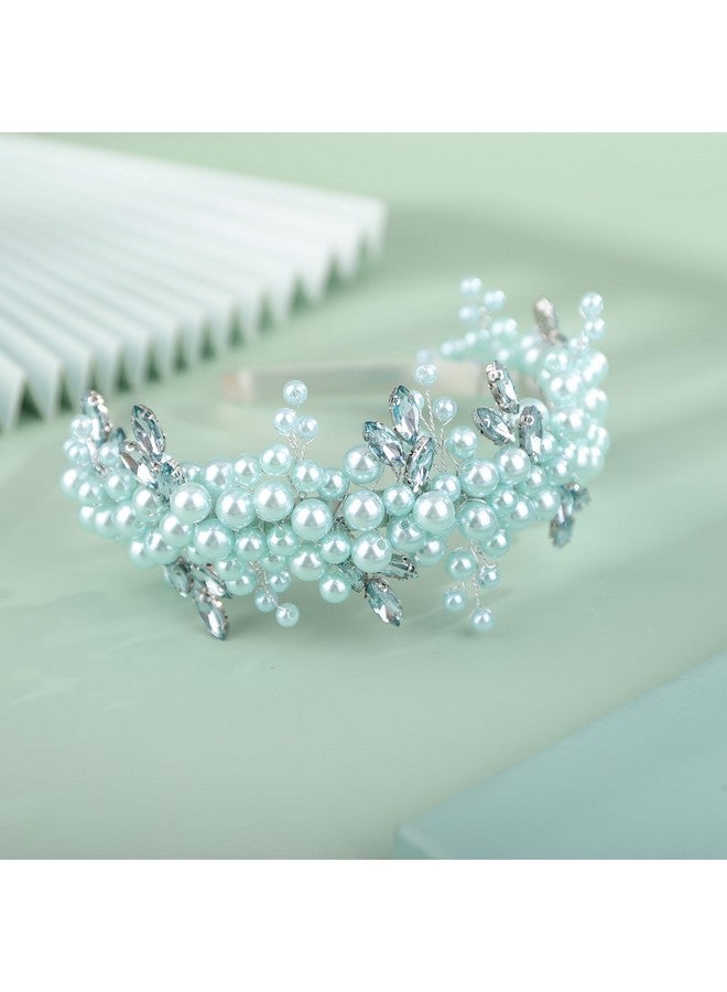 BERYUAN Pearls Rhinestone Wedding Headband Mint Greenteardrop Rhinestone Pearls Wedding Hair Accessories Princess Bridal Headband Pearls Wedding Headpiece For Brides Bridesmaid Girls (Mint Green) - Image 1