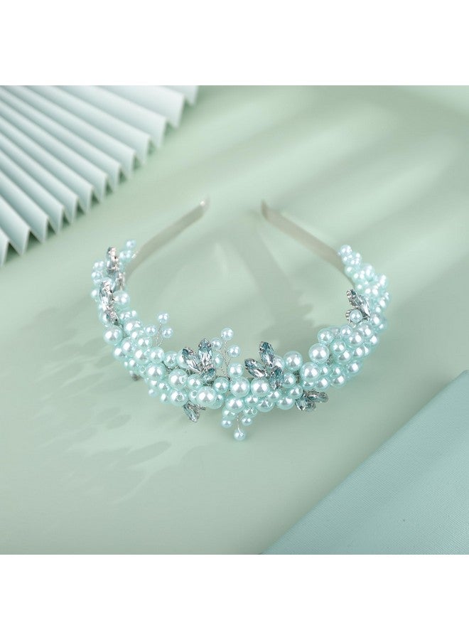 BERYUAN Pearls Rhinestone Wedding Headband Mint Greenteardrop Rhinestone Pearls Wedding Hair Accessories Princess Bridal Headband Pearls Wedding Headpiece For Brides Bridesmaid Girls (Mint Green) - Image 2