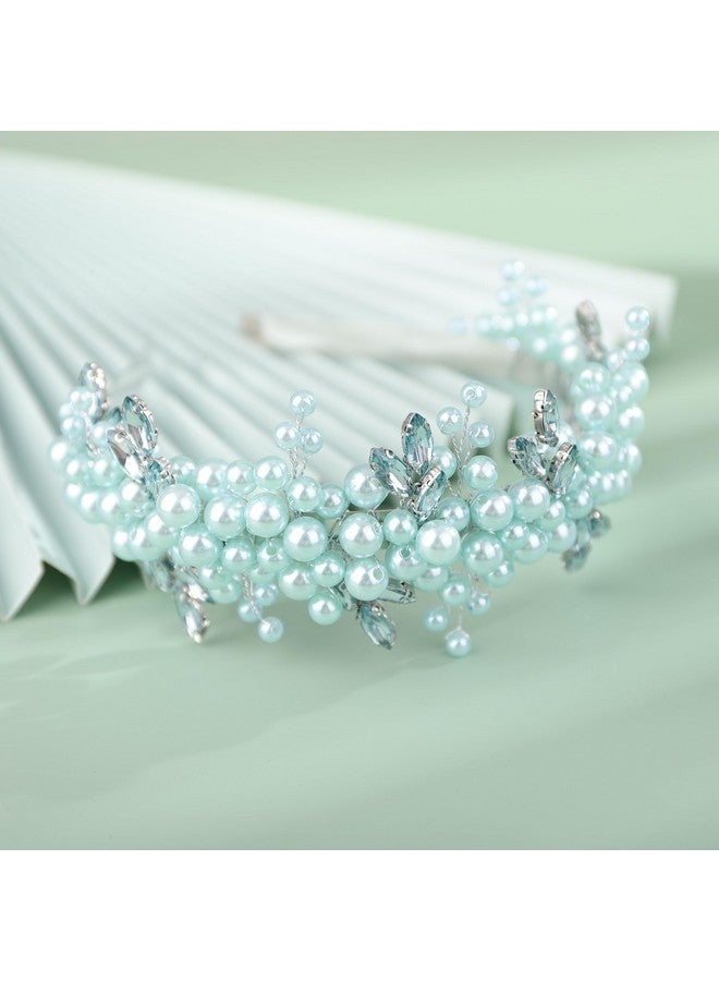 BERYUAN Pearls Rhinestone Wedding Headband Mint Greenteardrop Rhinestone Pearls Wedding Hair Accessories Princess Bridal Headband Pearls Wedding Headpiece For Brides Bridesmaid Girls (Mint Green) - Image 3