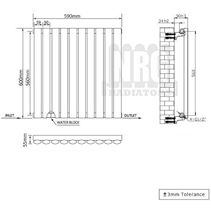 NRG 600MM X 590MM HORIZONTAL OVAL COLUMN DESIGNER RADIATOR BLACK SINGLE PANEL LUXURY CENTRAL HEATING RADIATORS - Image 3