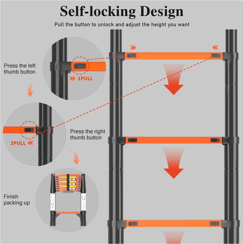 DIAMONDFORGE Telescoping Ladder Extension Telescopic Collapsible - 8.5 FT Rv Telescope Foldable Extendable Tall Compact Aluminum Ladders - for House Roof Travel Trailers Adjustable Retractable - 330lbs Capacity - Image 5