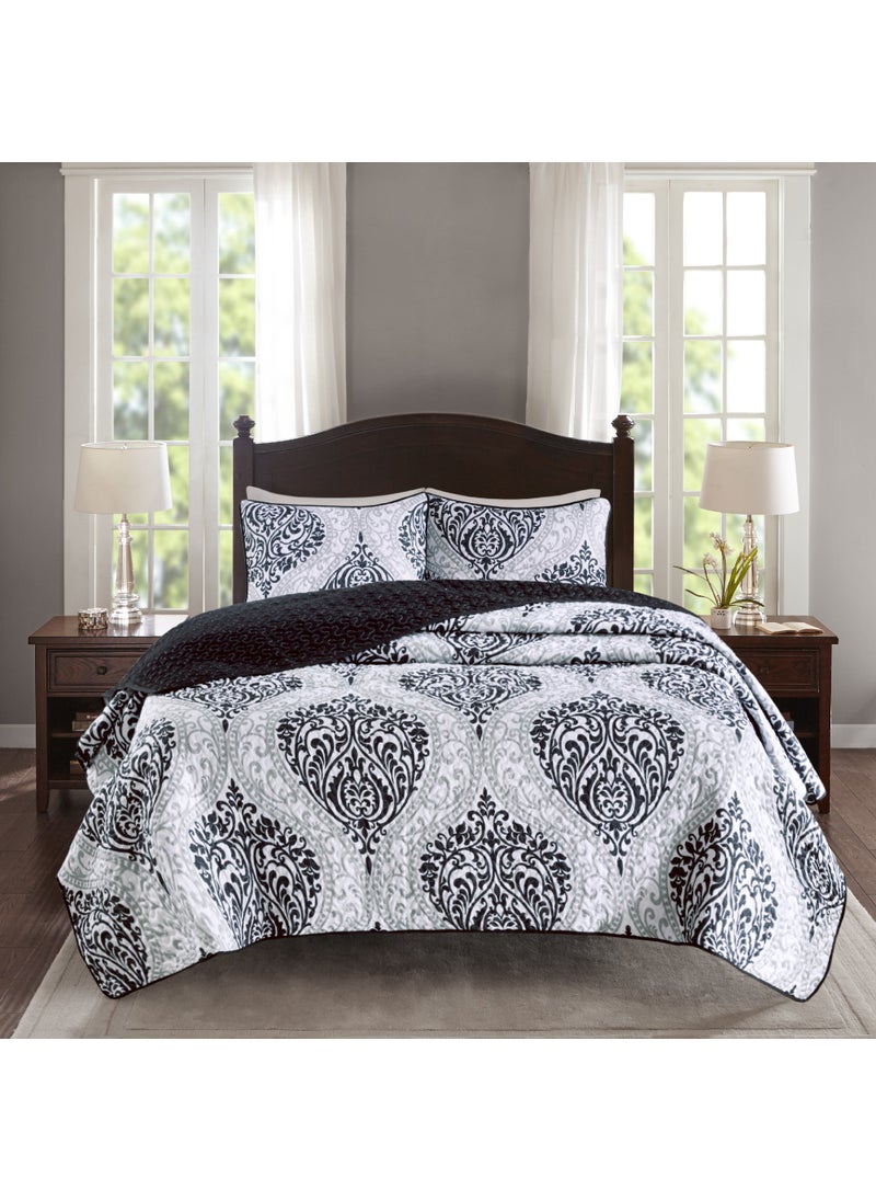 Comfort Spaces Comfort Spaces Coco 3 Piece Quilt Coverlet Bedspread Ultra Soft Printed Damask Pattern Hypoallergenic Bedding Set FullQueen Black 