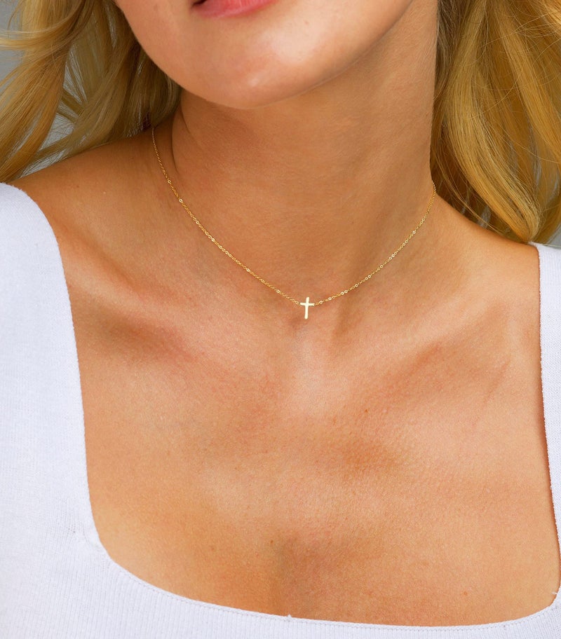 KICKGY Dainty 14k Gold Plated Cross Necklace - Tiny Cross Pendant Simple Choker Necklace for Women and Girls - Image 4