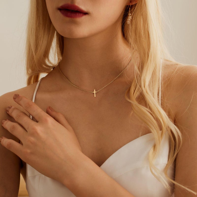 KICKGY Dainty 14k Gold Plated Cross Necklace - Tiny Cross Pendant Simple Choker Necklace for Women and Girls - Image 3