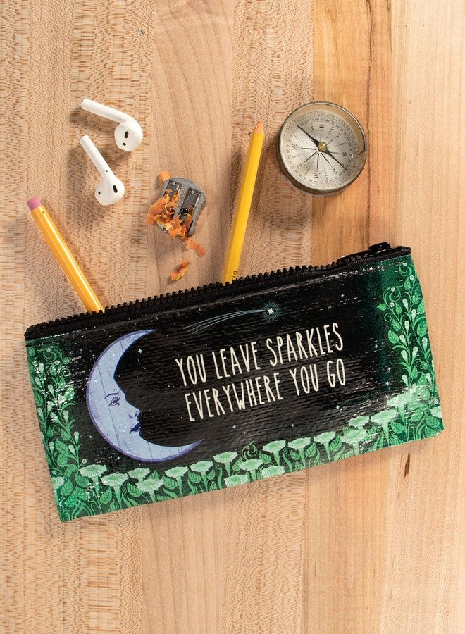 Blue Q Pencil Case, You Leave Sparkles Everywhere You Go. (moon garden design) Hefty Zipper, Sturdy and Easy-to-Wipe-Clean, Made from 95% Recycled Material. 4.25"h x 8.5"w - Image 2